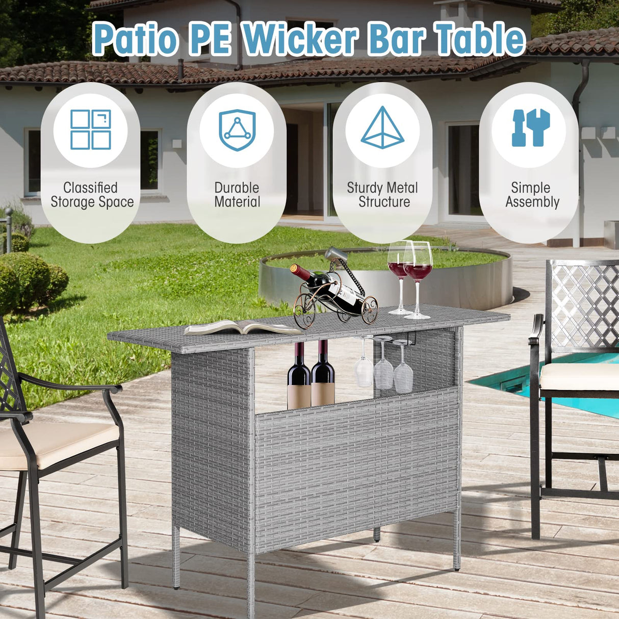 Tangkula Outdoor Wicker Bar Table, Patiojoy All Weather Patio Bar Height Table with 2 Metal Mesh Shelves & 2-Rail Steel Stemware Racks, Rattan Bar Counter Table for Backyard, Poolside (Mix Grey) Tangkula