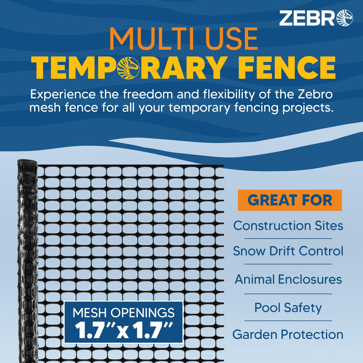 Zebro 4' x 100' Black Plastic Garden Fence Roll – Lightweight Temporary Mesh Fencing, Snow Fence, Poultry Netting – Outdoor Barrier for Yard, Landscaping, Deer & Animals – Compatible with Garden Uses ZEBRO