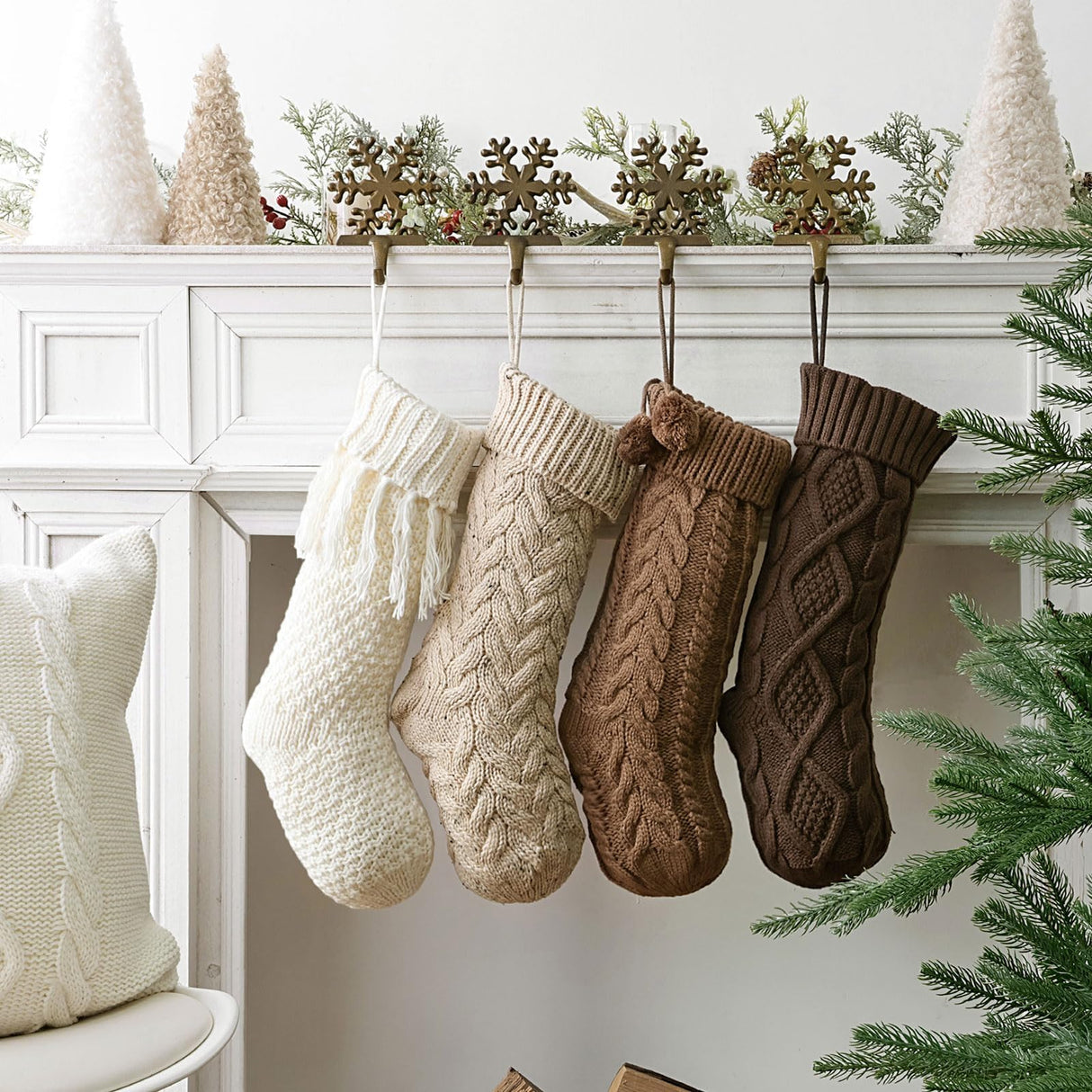 Farmhouse Knitted Personalised Christmas Stockings: 4 Pack 18 Inch Rustic Neutral Cable Knit Fireplace Stockings, Rustic Cozy Hanging Xmas Stocking Decorations for Family Holiday Décor, Earth Tones Pawliss