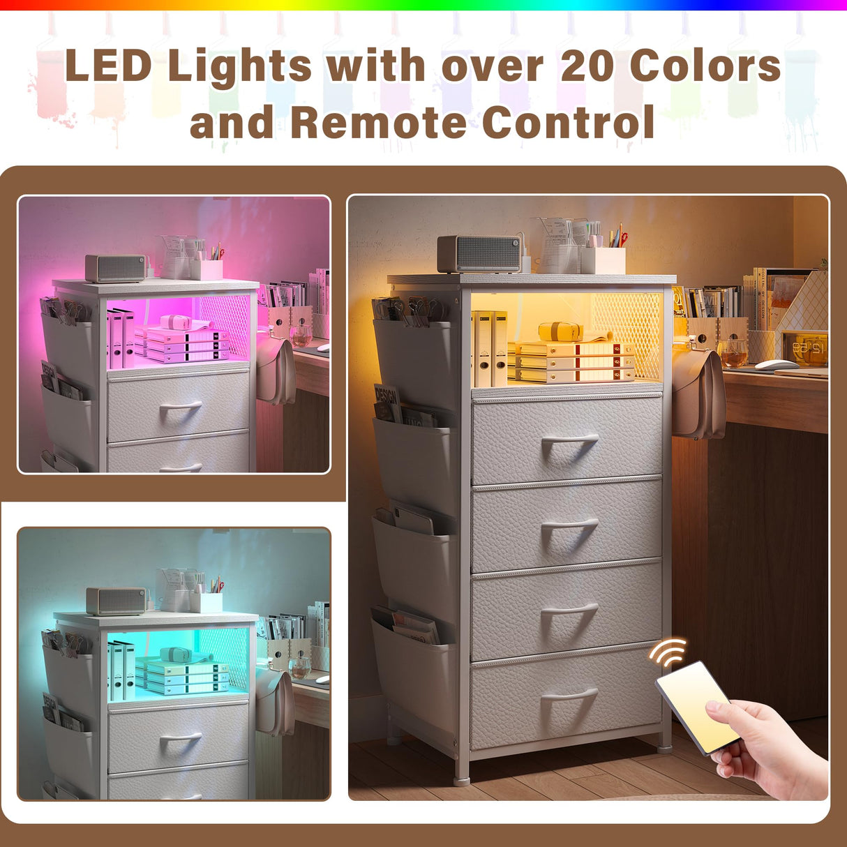 Enhomee Nightstands Set of 2 Nightstand with Charging Station & LED Lights Tall Nightstand with Cloth Bags & Hooks Modern Night Stand with Dresser Drawers and Storage Shelves White Nightstand Set of 2 EnHomee