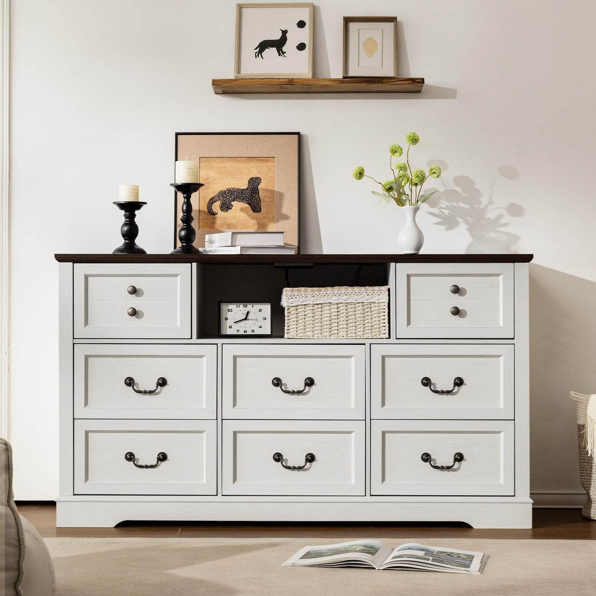 EnHomee 8 Drawers Dresser with Power Outlets and LED Lights,55" W Rustic Wooden Dressers & Chests of Drawers for Bedroom, Hallway, Closet, White, 55" W x 34.5" H x 15.7" D EnHomee