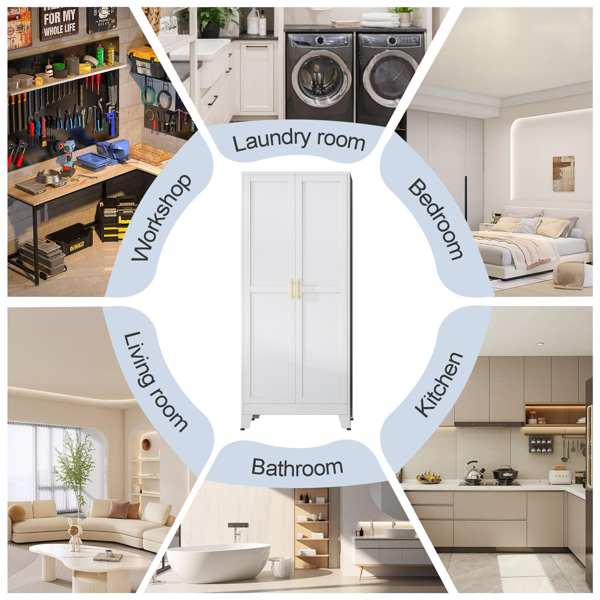 RISTERN White Metal Storage Cabinet,75" Steel File Cabinet for Home Office, Kitchen Pantry Storage Cabinet with Doors and 5 Adjustable Shelves, Tool Cabinet, for Office, Home, Garage, School RISTERN