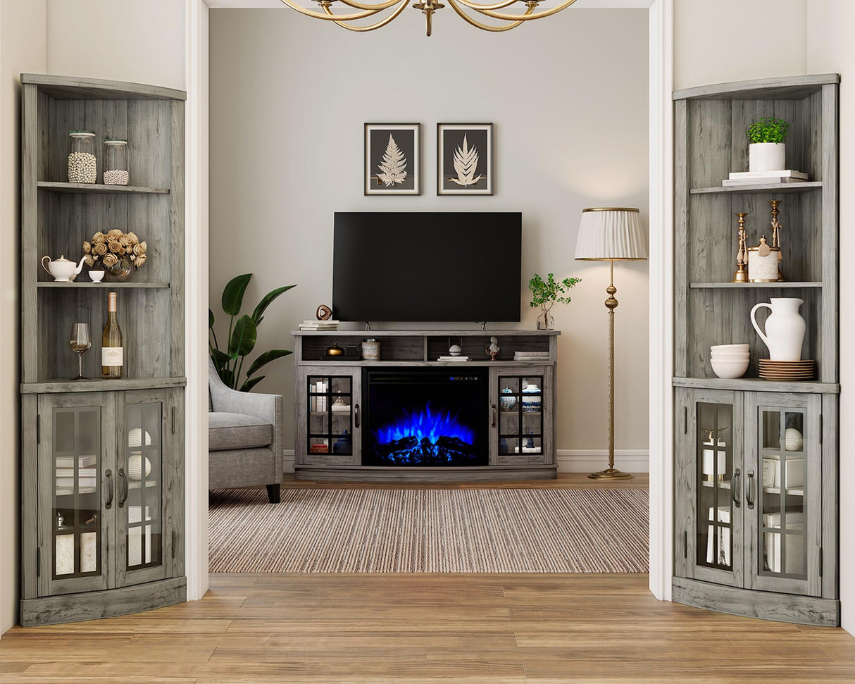 AMERLIFE Curved Corner Storage Cabinet, 65" Tall Freestanding Bookcase with Glass Doors & Adjustable Shelves, 5-Tier Corner Display Cabinet for Living Room, Bathroom, Laundry Room, Washed Grey AMERLIFE