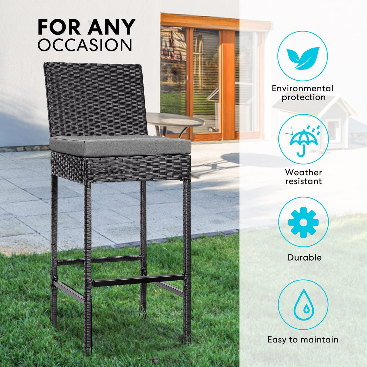 VIVOHOME Outdoor Wicker Barstool 4 Packs, Bar Chairs PE Rattan Materail, Patio Stools with Cushions, Black VIVOHOME
