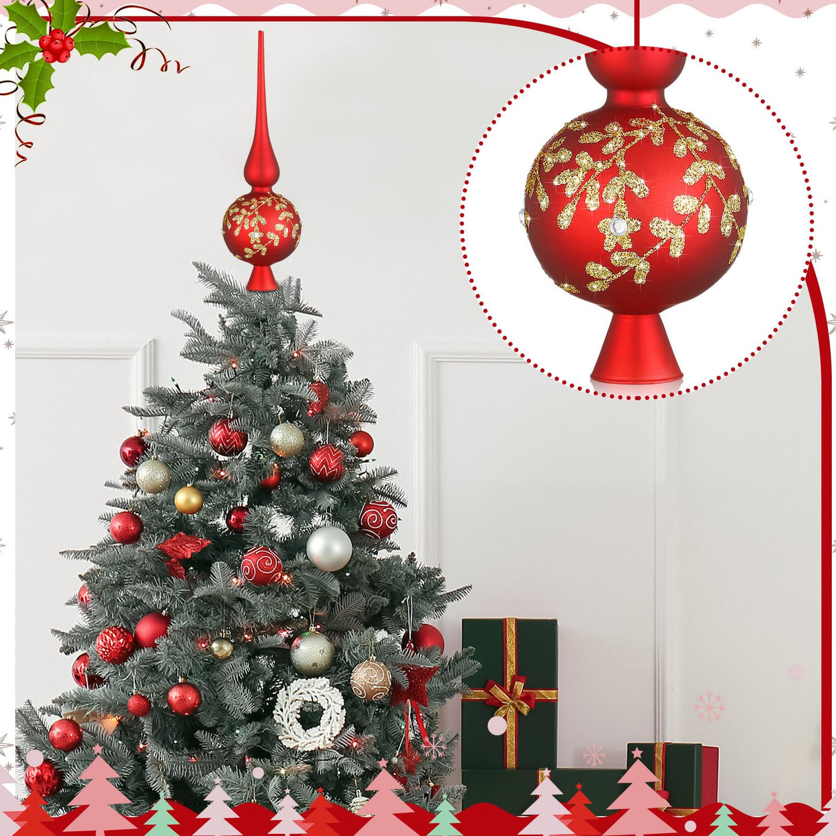 Gejoy Glass Christmas Finials Tree Topper Red Ornaments Spherical Blown Glass Xmas Tree Topper Finials with Carved Flowers Holiday Indoor Suitable for Party Decoration, 9.8inches Gejoy