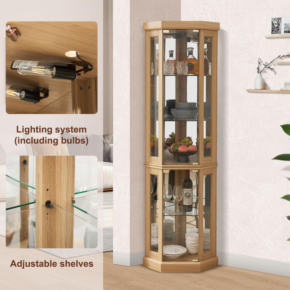 XUWANSHANG Corner Curio Cabinets,Lighted 3-Side Glass Display Curio Cabinet, Curved Wood Corner Cabinet,Curio Cabinets with Glass Doors,Adjustable Shelves,Curio Cabinet for Living Room,Light Oak XUWANSHANG