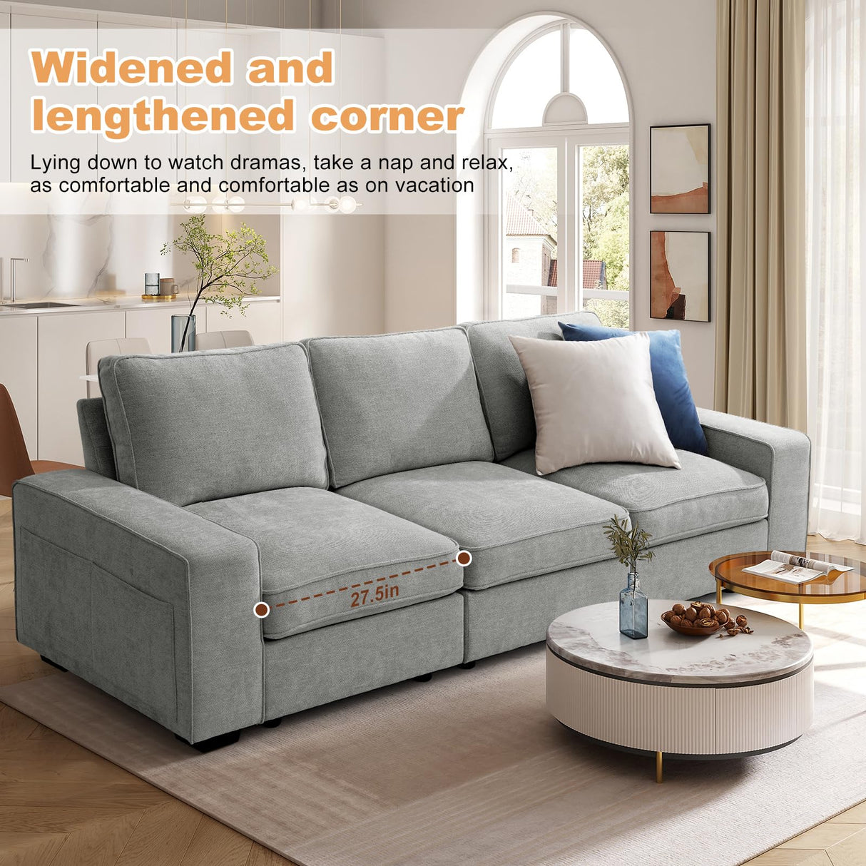 COOSLEEP 100" Sofa with Seats Storage, Comfy 3-Seater Chenille Fabric Couch for Living Room, Office, Apart W/Deep Seat, USB Charging, Upholstered Couch with Removable Cover (Light Grey) COOSLEEP HOME