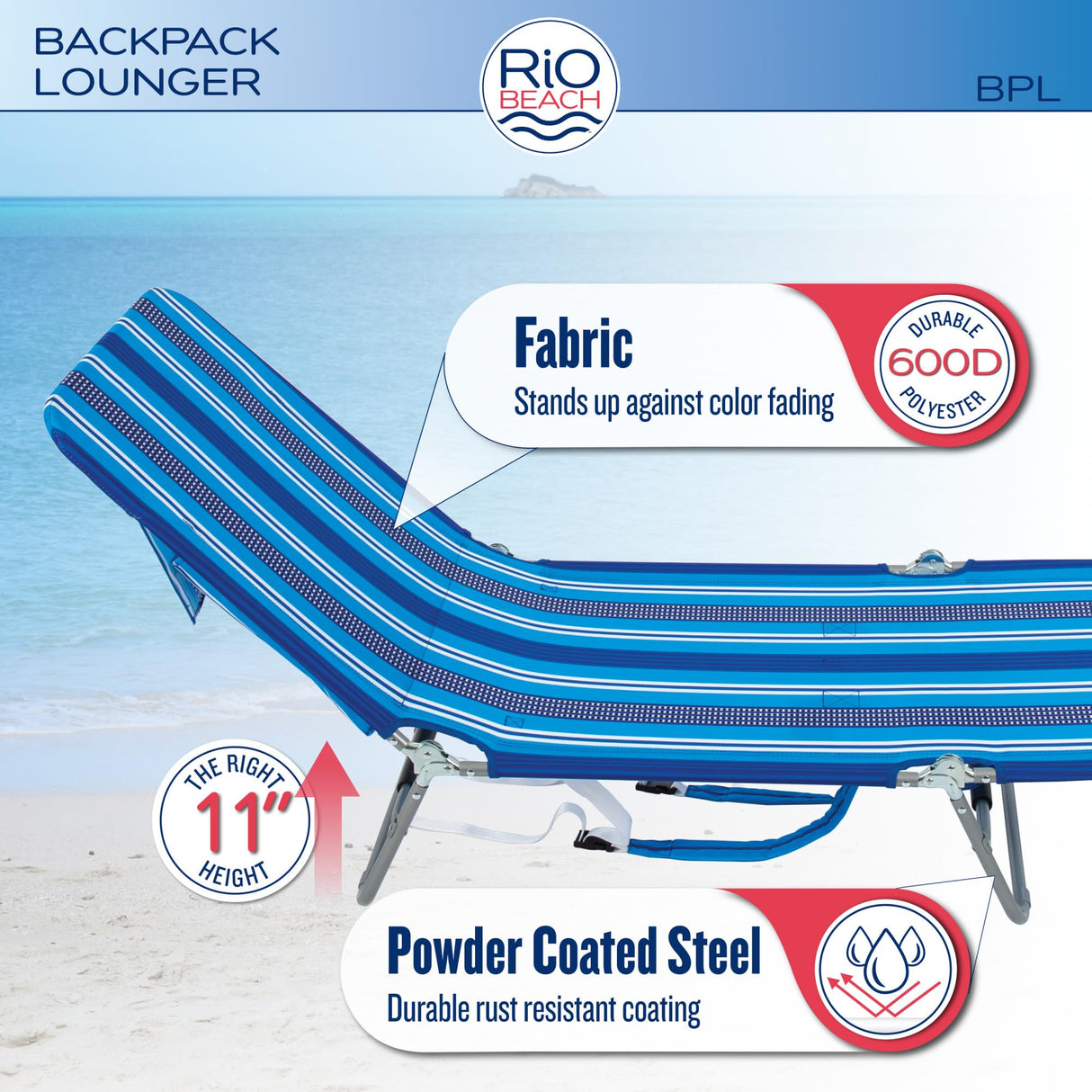 Rio Beach Portable Lay Flat Folding Backpack Beach Lounge Chair with Backpack Straps and Storage Pouch, Blue and Red Rio Brands