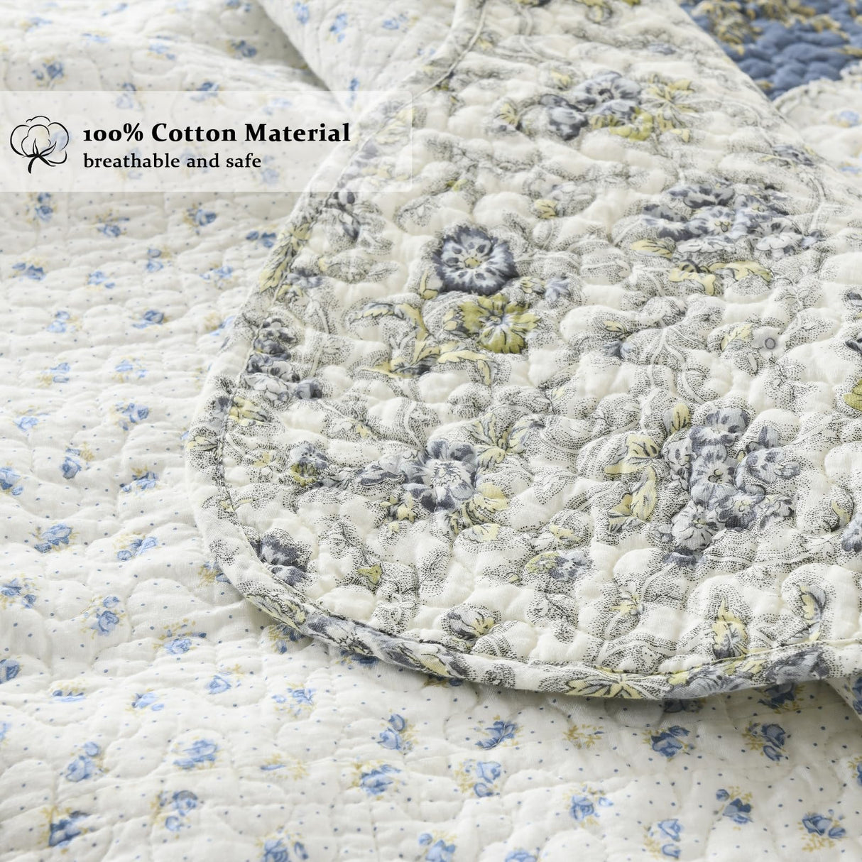 Yvooxny Quilt Set King Size Reversible Country Farmhouse Floral Real Patchwork Quilted Bedspread 3-Piece Quilt Set with Pillowcases with Ruffles for All Seasons, 96 x 108 Inches Yvooxny