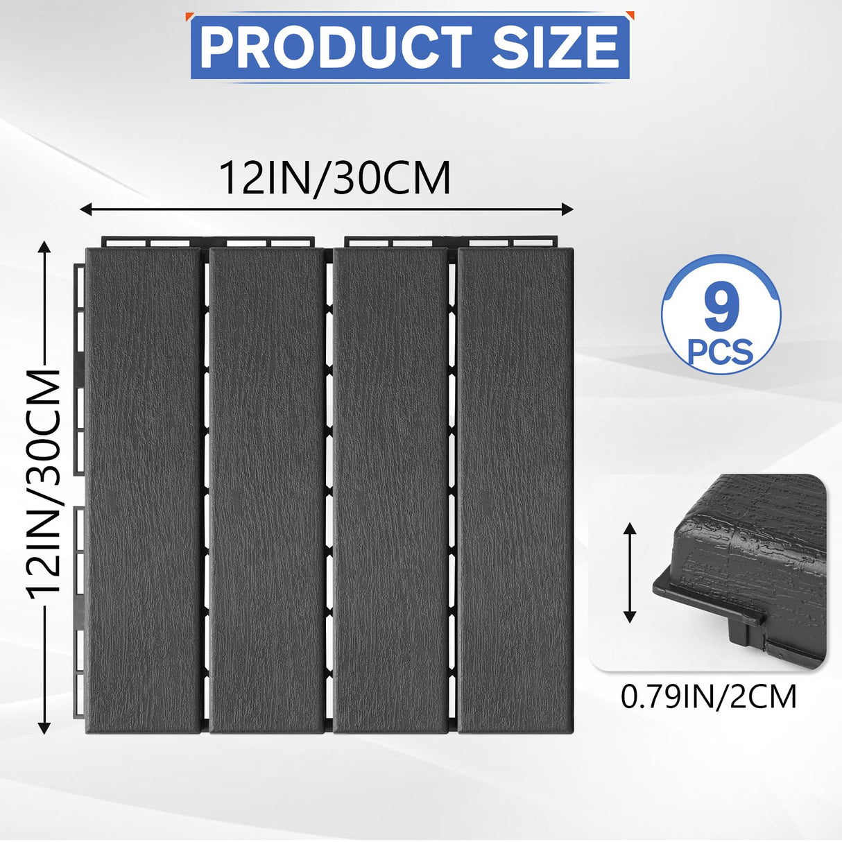 MYFAMIREA 9 Pcs Plastic Interlocking Deck Tiles 12" L x 12" W Patio Floor Decking Tiles Indoor Outdoor Waterproof Non-Slip Flooring Tiles All Weather Use for Balcony Backyard Porch Poolside, Dark Grey MYFAMIREA