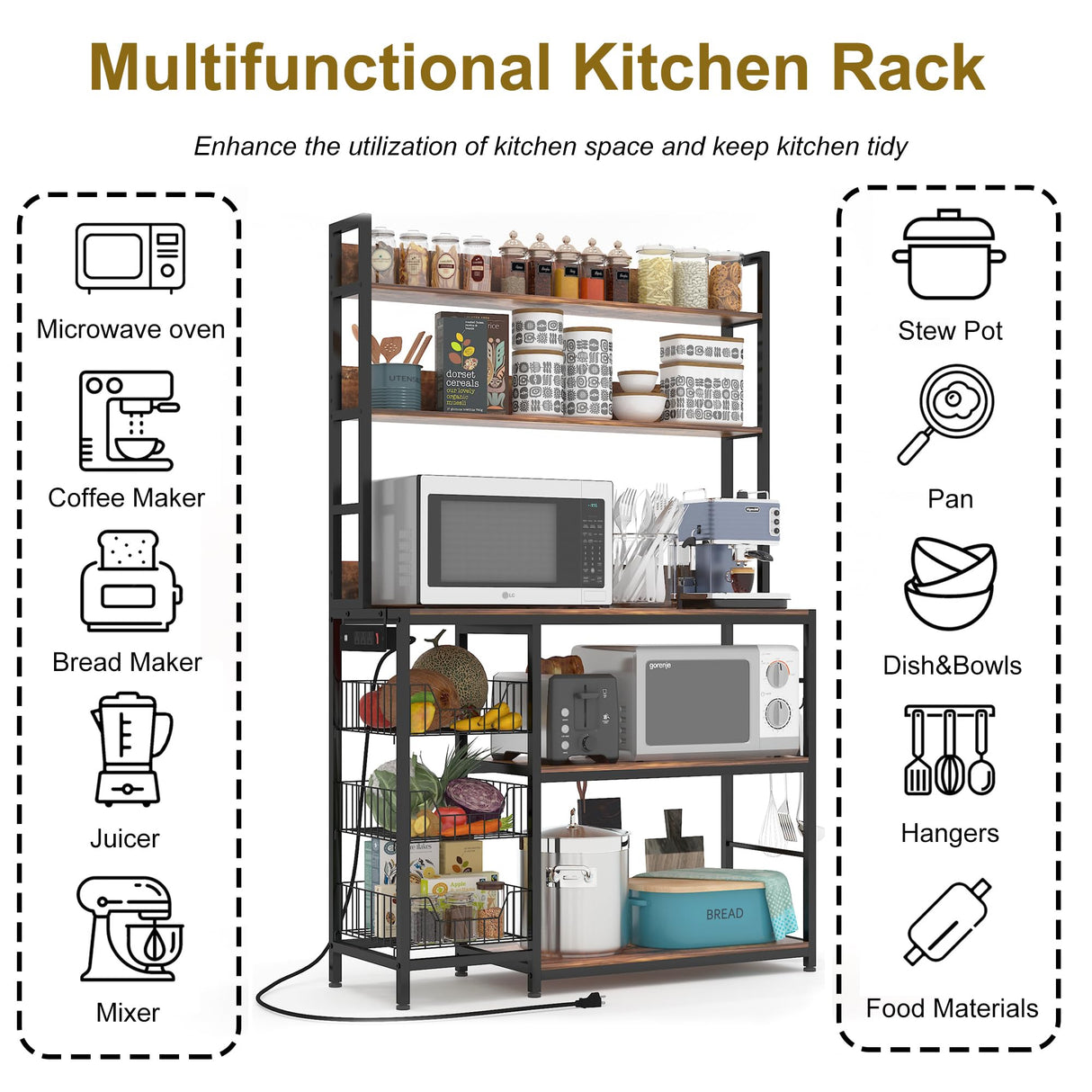 Chnnmbrn Kitchen Bakers Rack with Baskets and Power Outlet,5-Tier Kitchen Utility Storage Shelf with Hooks, Microwave Oven Stand Rack,Vintage Brown Free Standing Kitchen Shelf (Brown) Chnnmbrn