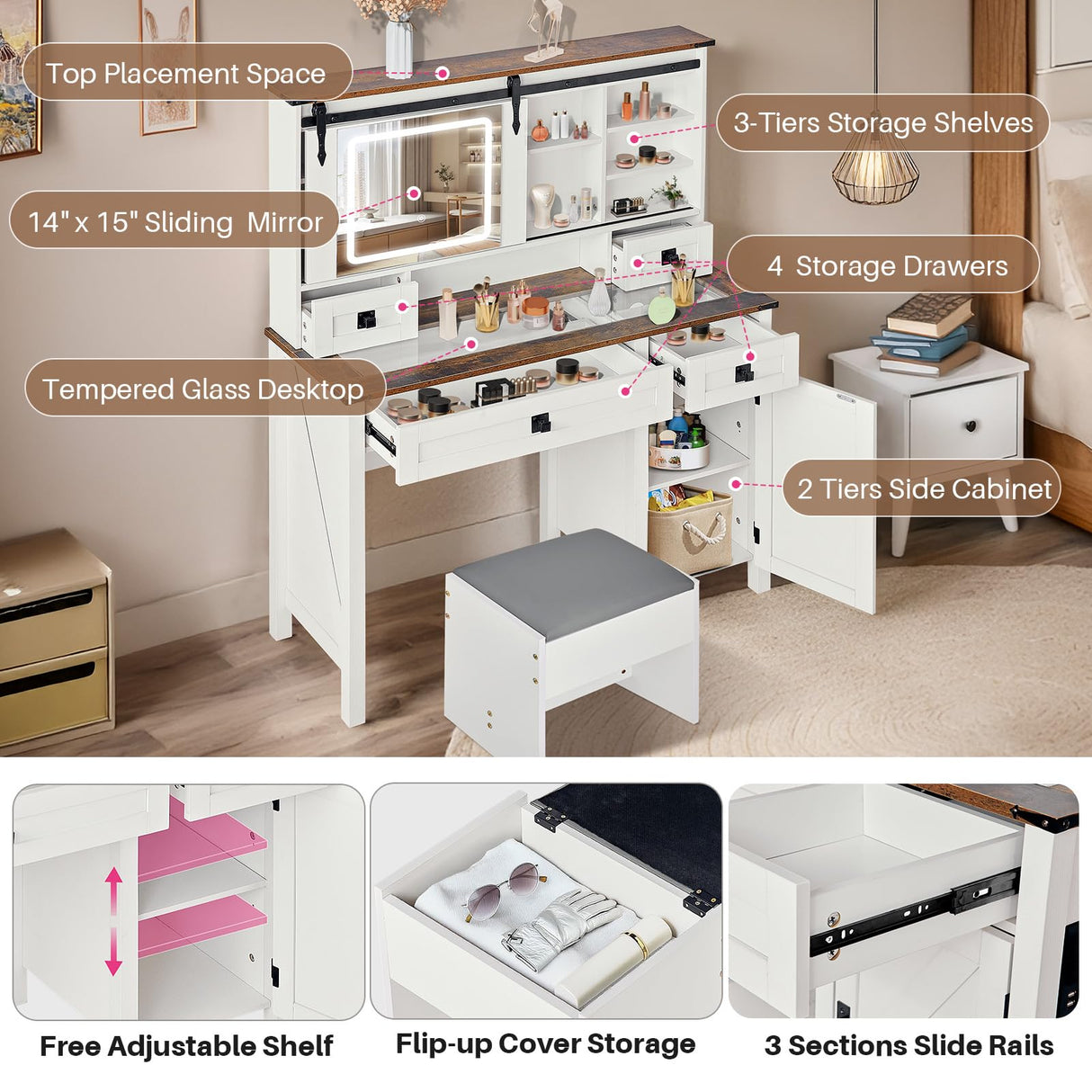 Redlife Farmhouse Vanity Desk with Mirror and Lights, 46" Vanity Set with Stool & Charging Station & Jewelry Cabinet - Makeup Vanity Desk with Glass Tabletop, 4 Drawers, Antique White Redlifeᅟᅠ