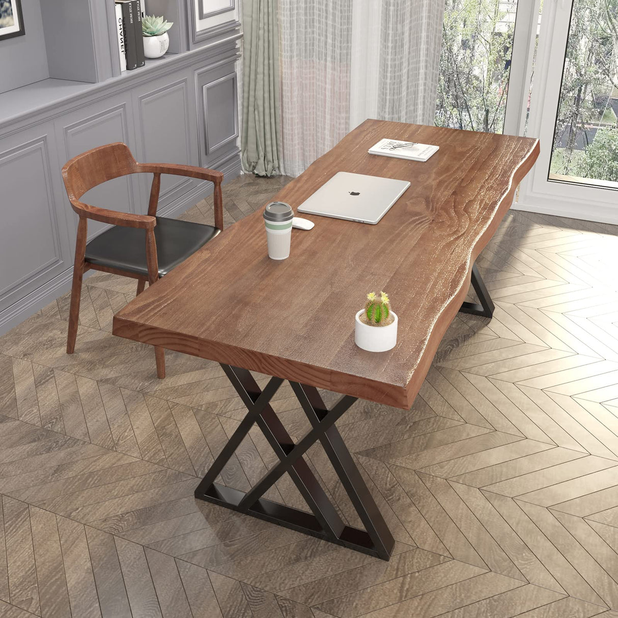 QZYJKJ Solid Wood Computer Desk Study Office Desk 55" Writing Desk, Modern Simple Style PC Table, Black Metal Frame, Solid Wood Planks 55" D x 27" W x 29" H for Home Office Bedroom,Rustic Brown QZYJKJ