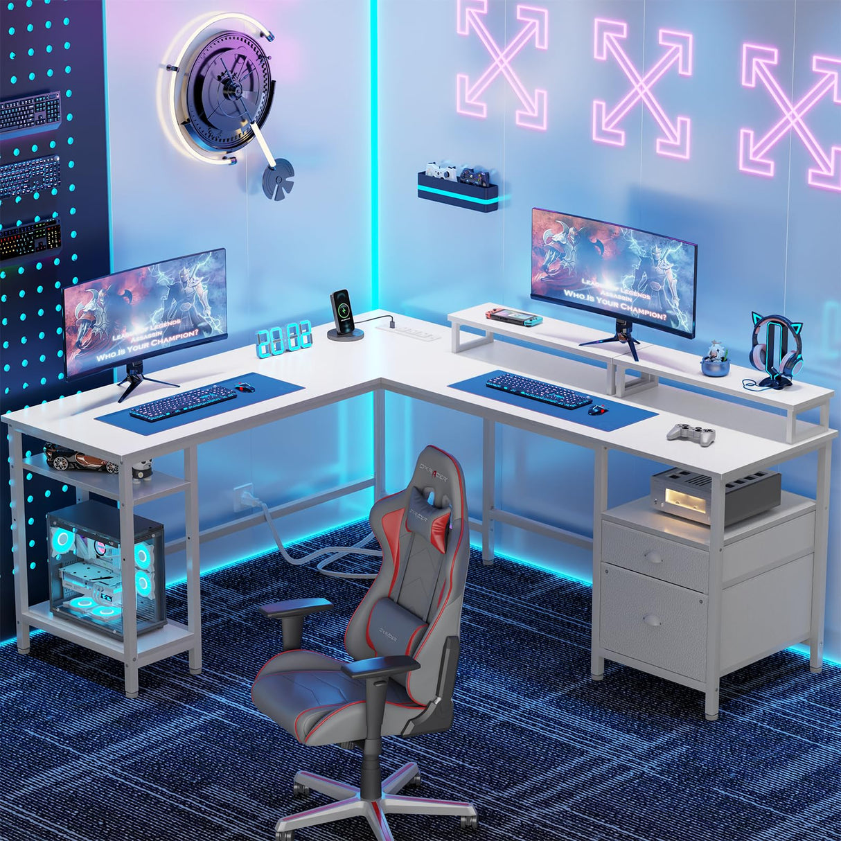 Furologee White 59” L Shaped Desk with Power Outlet, Reversible Computer Desk with File Drawer & 2 Monitor Stands, Corner Home Office Desk with Storage Shelves for Gaming Writing Furologee