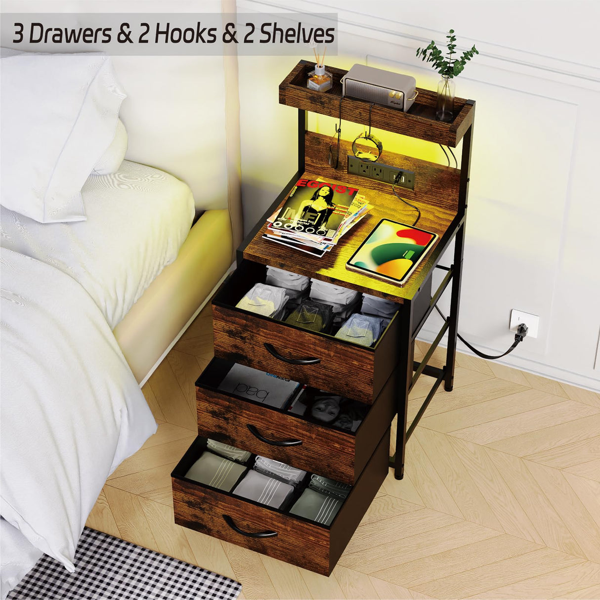 SZLHANJZ Nightstand, Dresser Nightstand with Charging Station and Led Lights, 3 Drawers Night Stand with Storage Shelf and Hooks, Tall End Side Table for Bedroom, Rustic Brown SZLHANJZ