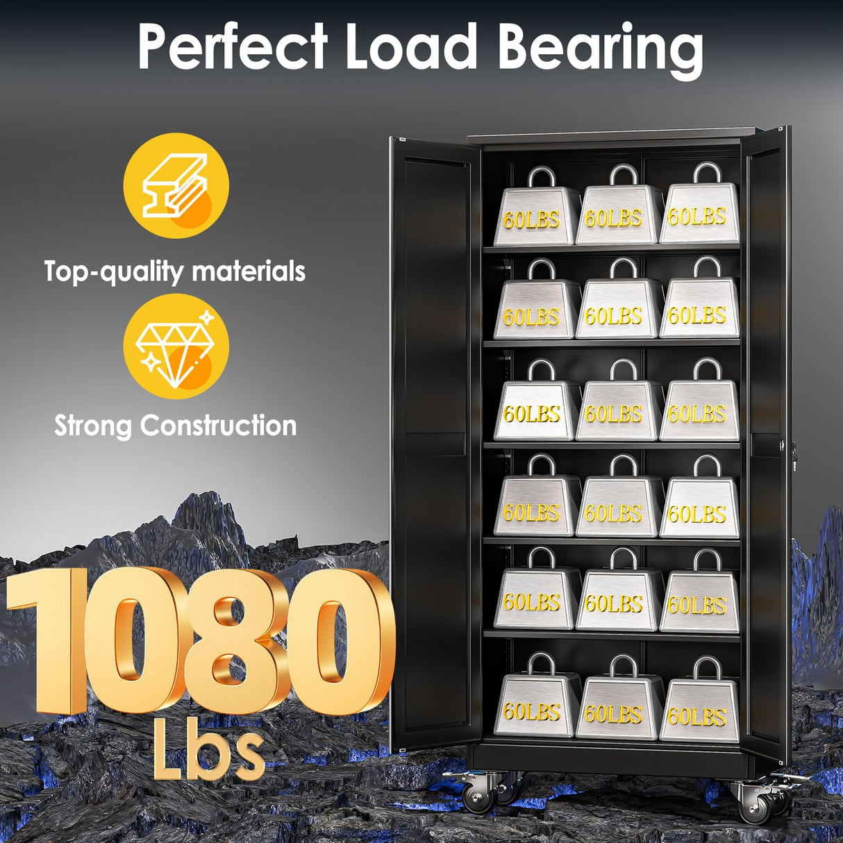 PAOFIN 75''H Metal Garage Storage Cabinet with Wheels,Steel File Cabinets with 2 Doors and 5 Adjustable Shelves for Home Office, Warehouse, Required Assembly,Black PAOFIN