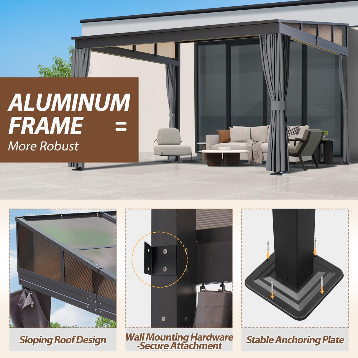 Raysfung 10' x 13' Polycarbonate Hardtop Gazebo,Wall Mounted Gazebo with Aluminum Frame Lean to Gazebo Pergola with Sloping Roof for Outdoor, Backyard, Patio Raysfung