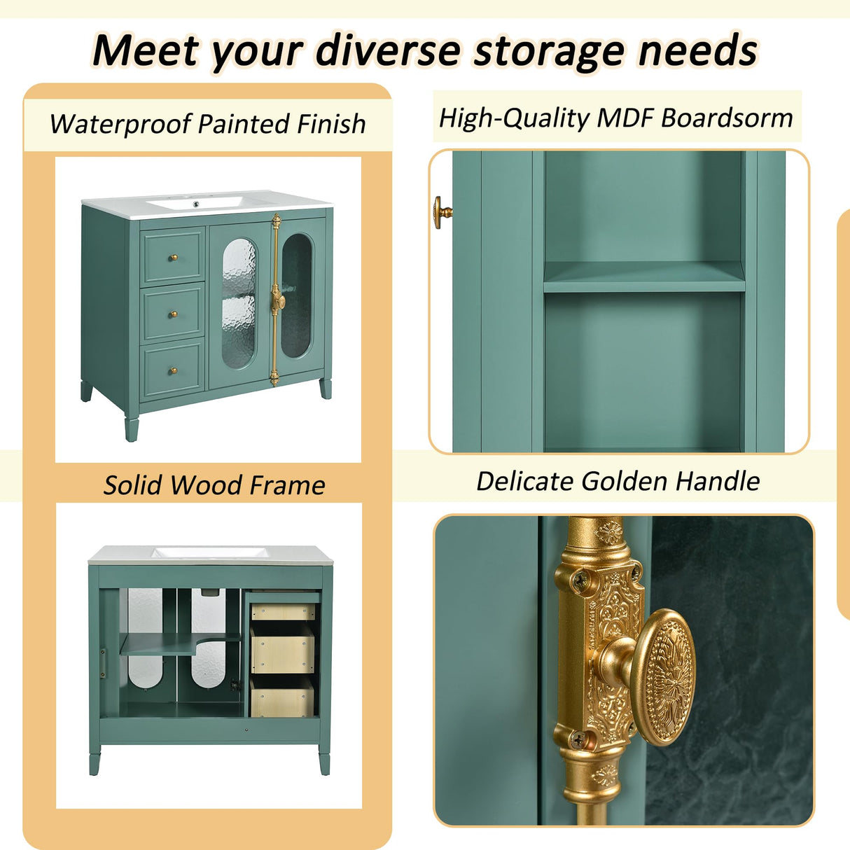 LUMISOL 36 Inch Bathroom Vanity with Sink, Free Standing Bathroom Sink Cabinet with 3 Drawers, 2 Glass Door & Side Storage, Vintage Bathroom Vanities with Ceramic Sink, Solid Wood Frame, Green LUMISOL