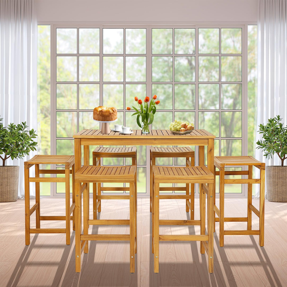 Tangkula 7-Piece Acacia Wood High Top Bar Set with 6 Saddle Stools for Outdoor Dining Tangkula