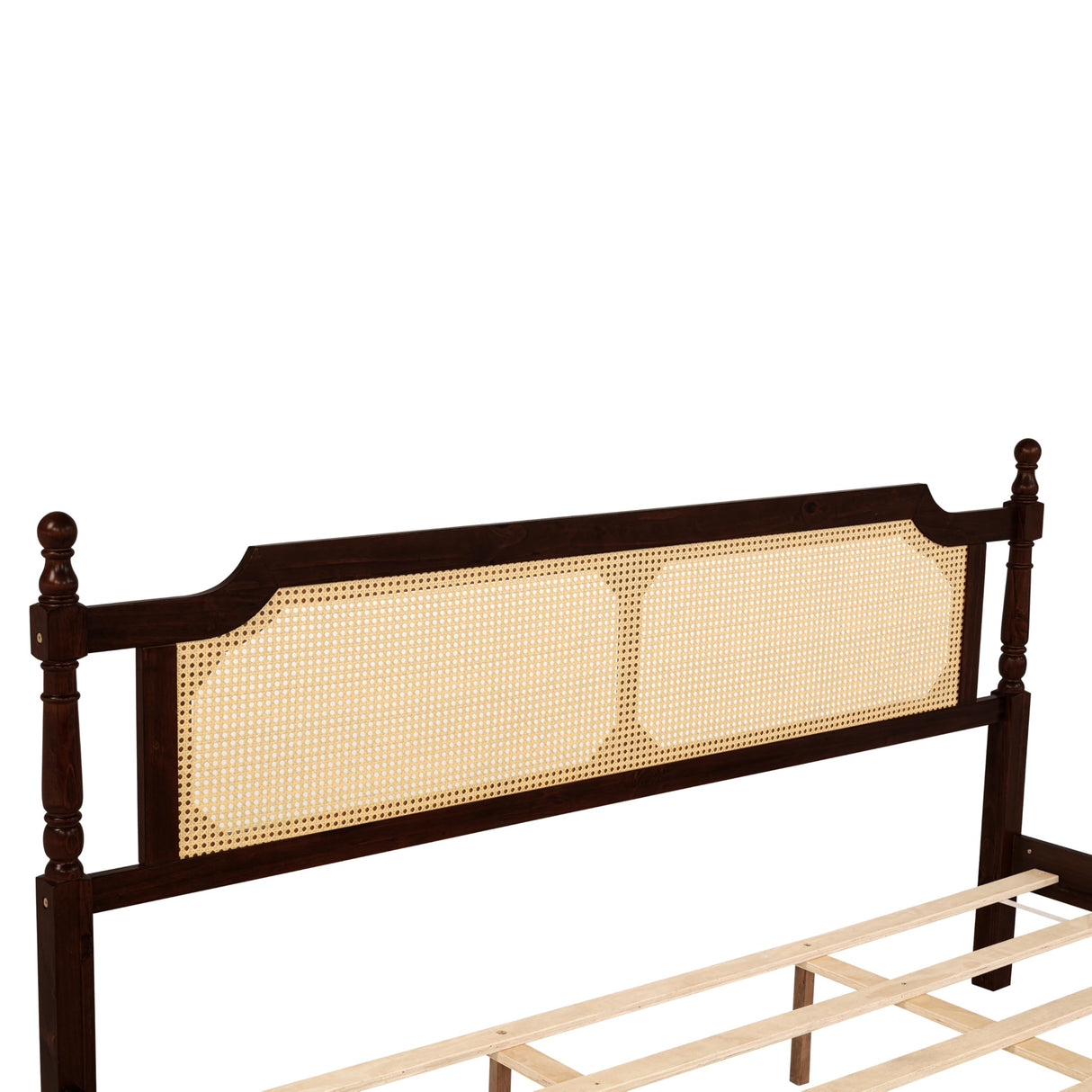 SOFTSEA Boho Rattan King Bed Frame, King Size Platform Bed Frame with Natural Rattan Headboard and Footboard, Solid Pine Wood, No Box Spring Needed, Easy Assembly, Espresso SOFTSEA