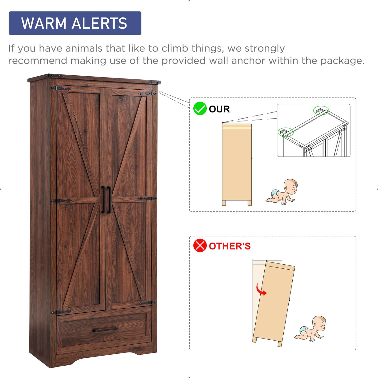 Farmhouse Style 72" Tall Storage Cabinet with Adjustable Shelves, Drawer & Barn Doors in Antique Brown JXQTLINGMU