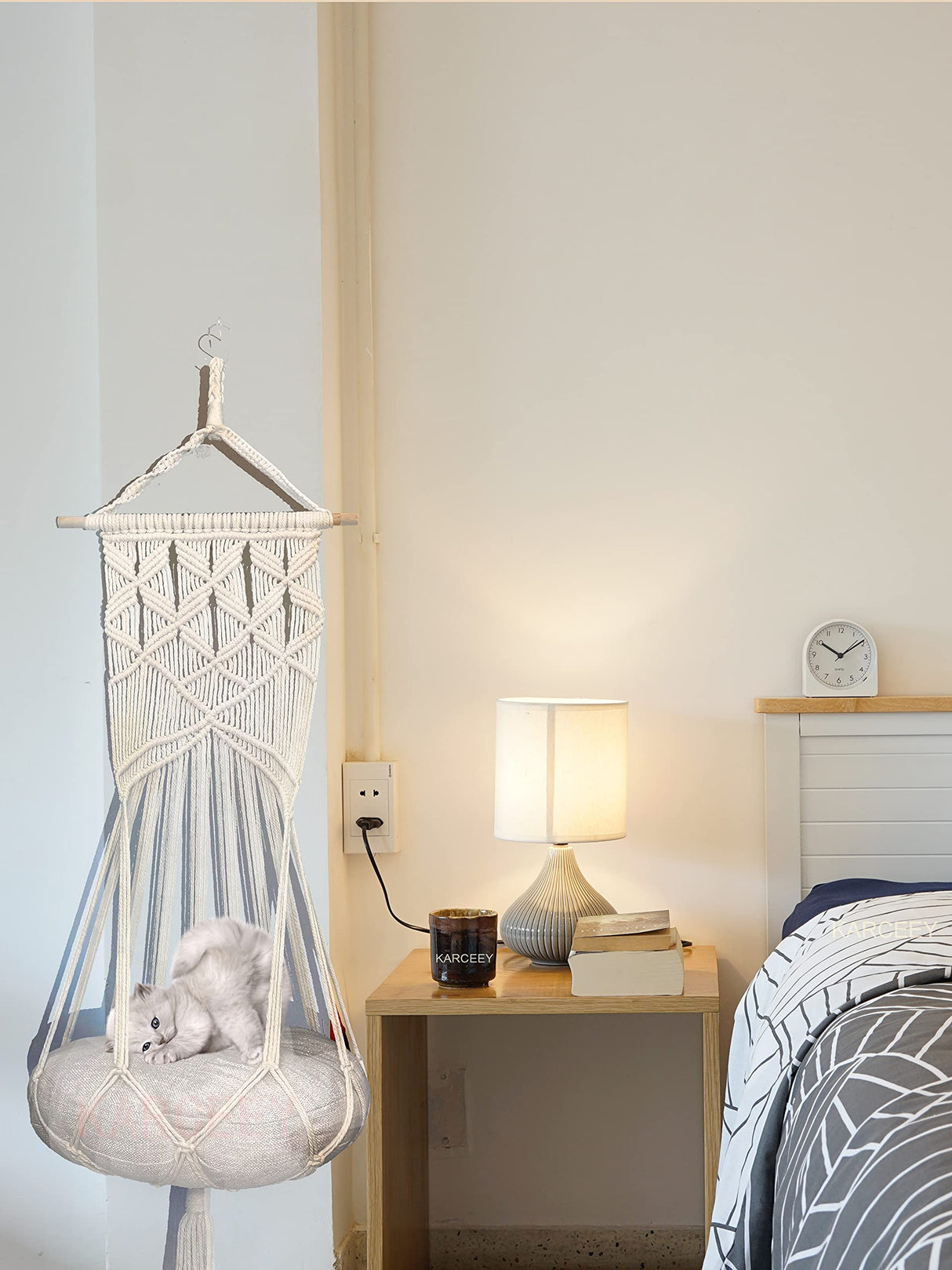 KARCEEY Macrame Cat Hammock,Macrame Hanging Cat Bed with Catnip Cushion and Hanging Kit (1.Macrame Hammock with Cat Bed) KARCEEY