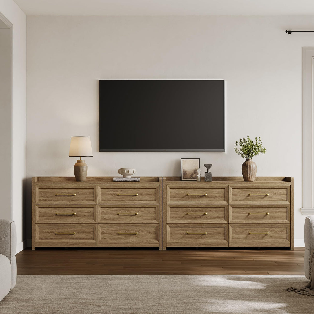 SICOTAS 6 Drawer Dresser for Bedroom-56.4" Extra-Wide Wooden Chest of Drawers with Large Storage, Long Dresser TV Stand with Drawers, Mid Century Modern Closet Dressers for Nursery, Brown Oak SICOTAS