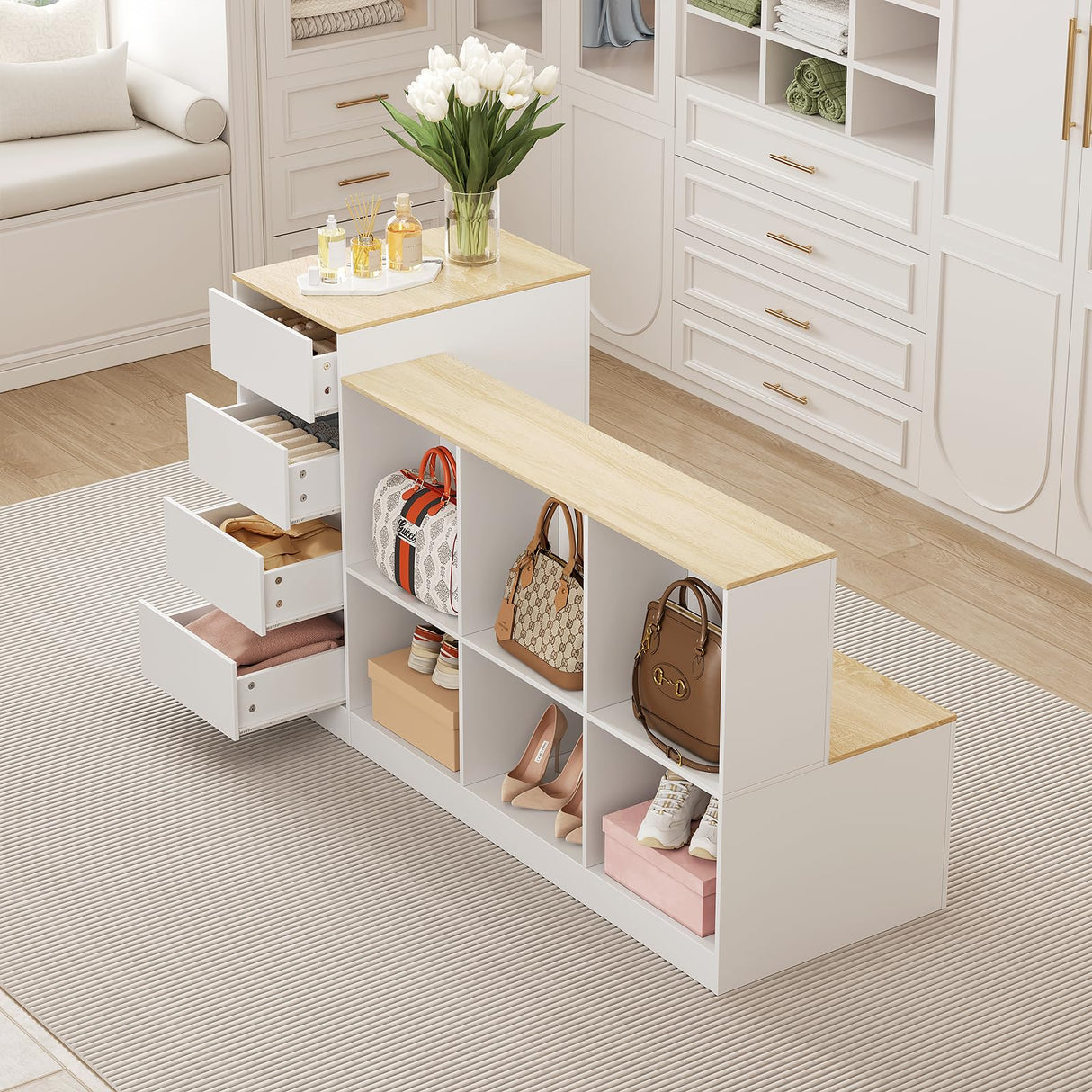 ZORPLIX Display Stand, Closet Island with Drawers, Wardrobe Armoire Island, Bedroom Island with Shoe Bench and Storage Compartment, Island Dresser for Closet, Clothing Store ZORPLIX