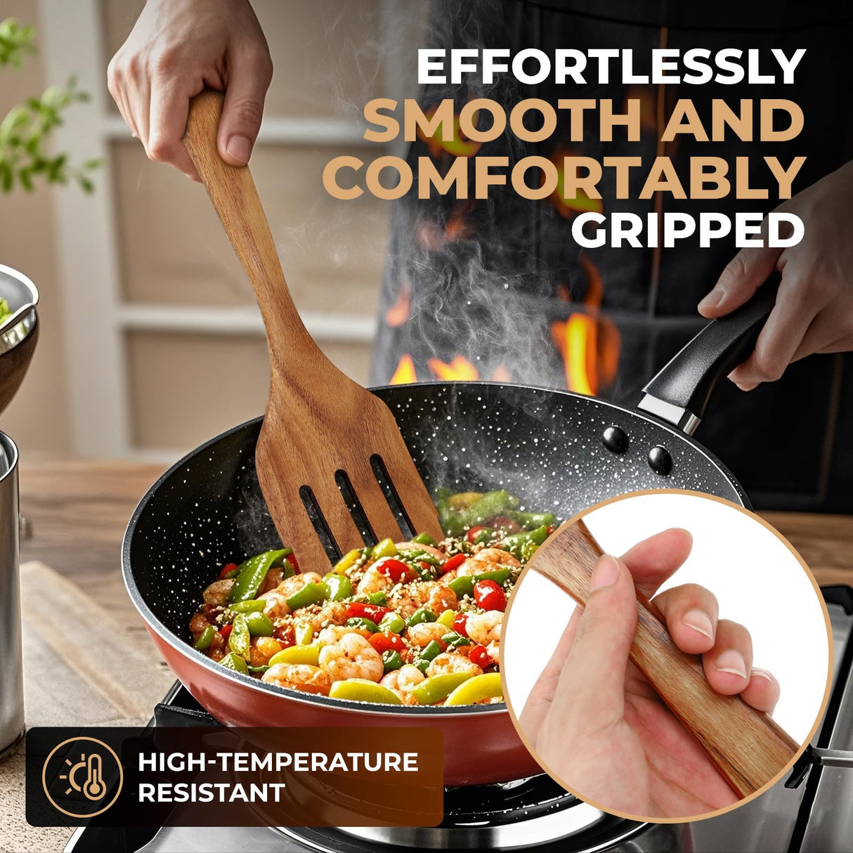 Handmade Wooden Cooking Utensils, Premium Natural Teak Wood Turner Set for Any Cookware, Long Handle Nonstick Spatula for Kitchen Use, Set of 4 AIUHI