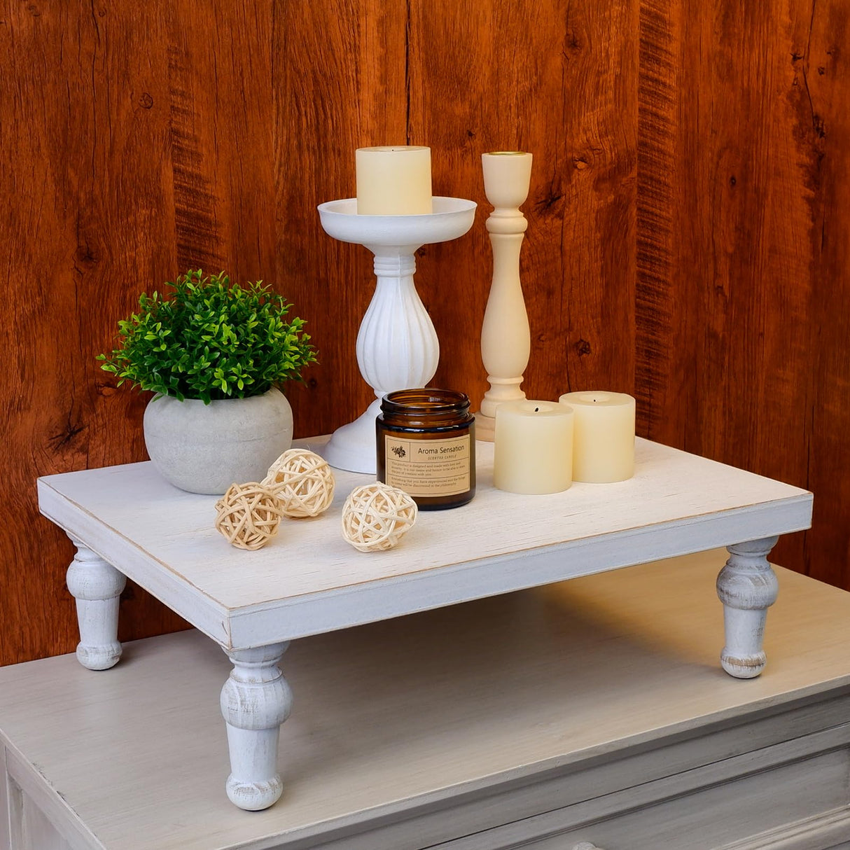 TOOLTENG 15.7" x 11.8" Wooden Riser Decorative Tray, Farmhouse Wood Pedestal Stand, Rustic Whitewashed Tray Riser Display Stand, Coffee Bar, Dining Room, Centerpiece, Kitchen, Bathroom Table Decor TOOLTENG