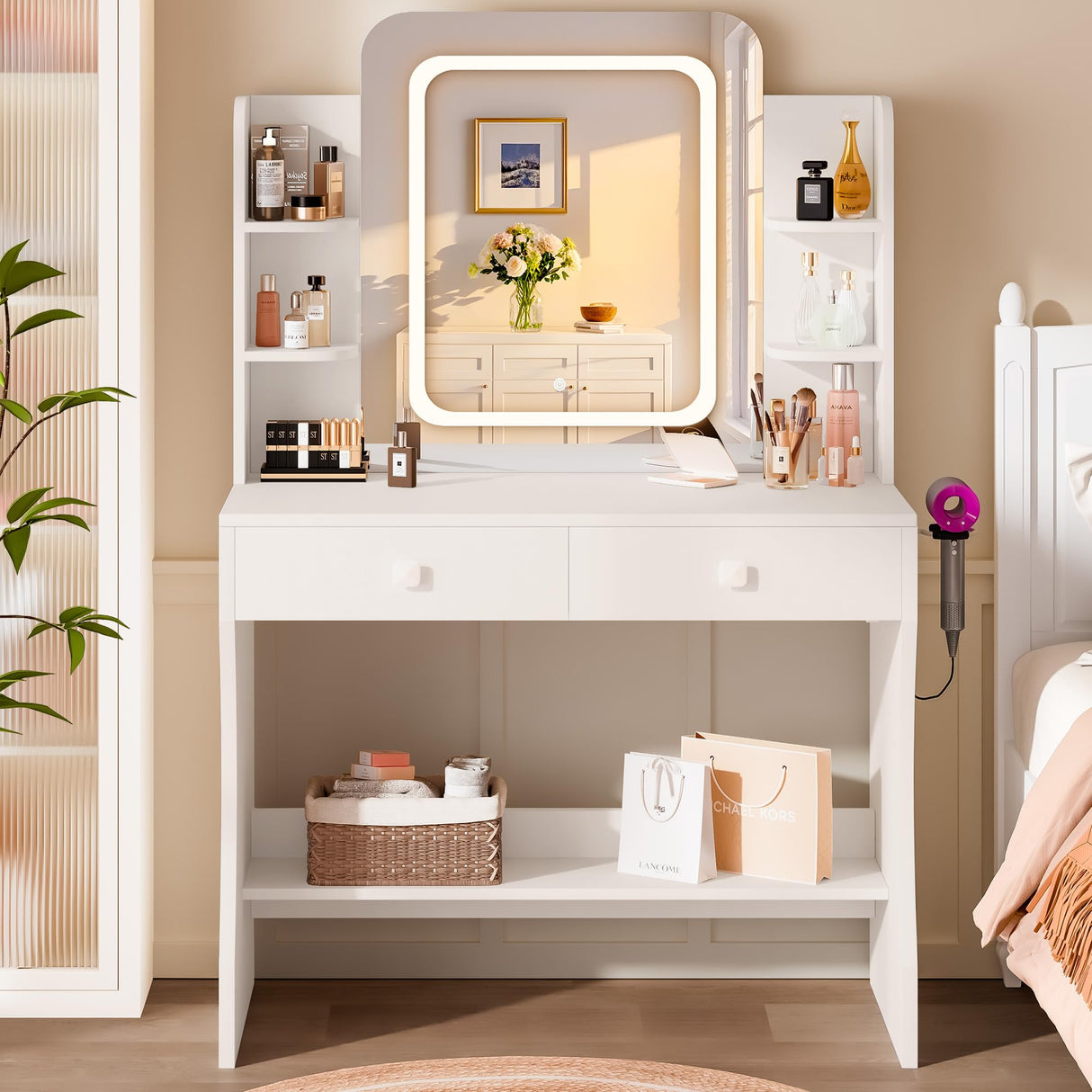 LIVELYGLOW Small Makeup Vanity Desk, 29.5" W x 15.8" D x 51.2" H, White (Smart LED Mirror, Hairdryer Rack, Power-Outlet, 5 Shelves, 2 Drawers) LIVELYGLOW