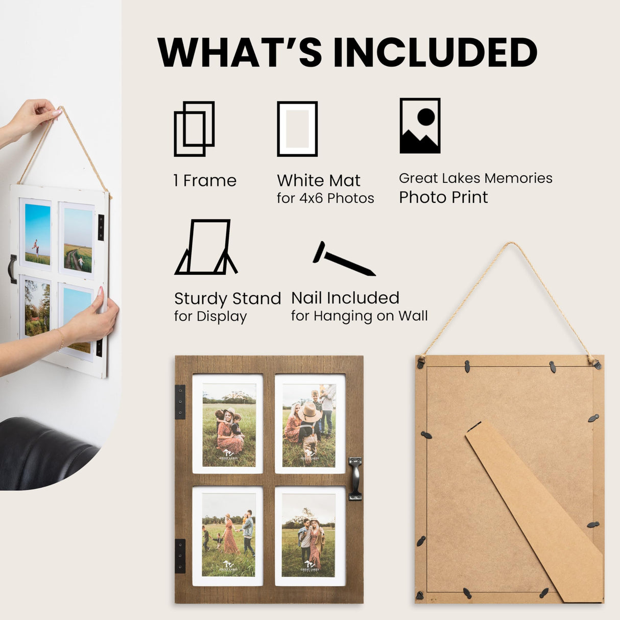 GLM 5x7 Picture Frame Collage with 4 Photos - Display Your Favorite Memories - Collage Picture Frames That Fit Any 4x6 or 5x7 Photo (Brown) Great Lakes Memories