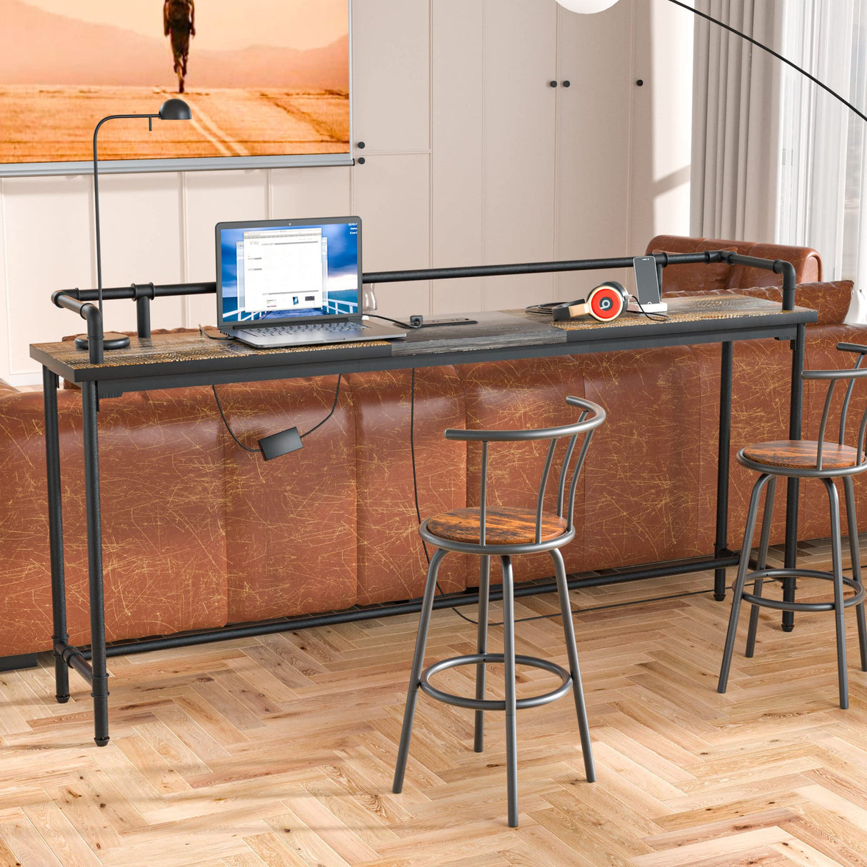 VECELO 55 Inch Console/Sofa Table with Charging Station&Power Outlet, Narrow Industrial Behind Couch, for Entryway, Hallway, Living Room, Foyer, 55inches, Grey Oak-1 VECELO