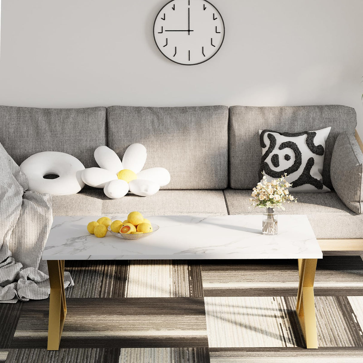 Wolawu Coffee Table Living Room Table White Center Table, Simple Modern Faux Marble Rectangular Tea Tables with Sturdy Gold Metal Frame,Industrial Wooden Coffee Table for Bedroom Home Office Wolawu