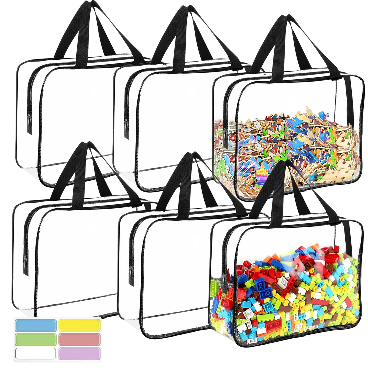 6 Packs Large Toy Storage Bags with Labels, Reusable Clear PVC Board Game Storage, Travel Waterproof Organizer Bags with Zipper for Building Blocks, Puzzle, Kids Books OPELETNNT