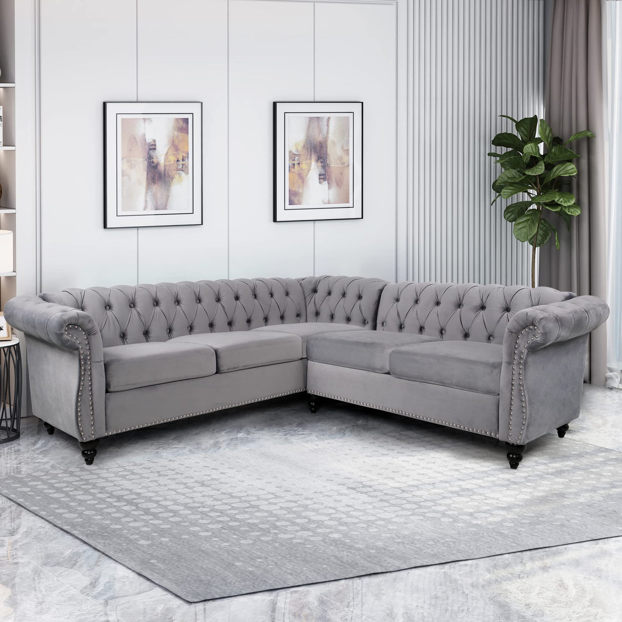 QHITTY L-Shaped Sofa, Sectional Chesterfield Couch 5-Seater Velvet Upholstered Small Accent Tufted Sofa with Rolled Armrest and Nailhead Design for Living Room, Apartment, Office (Grey) QHITTY