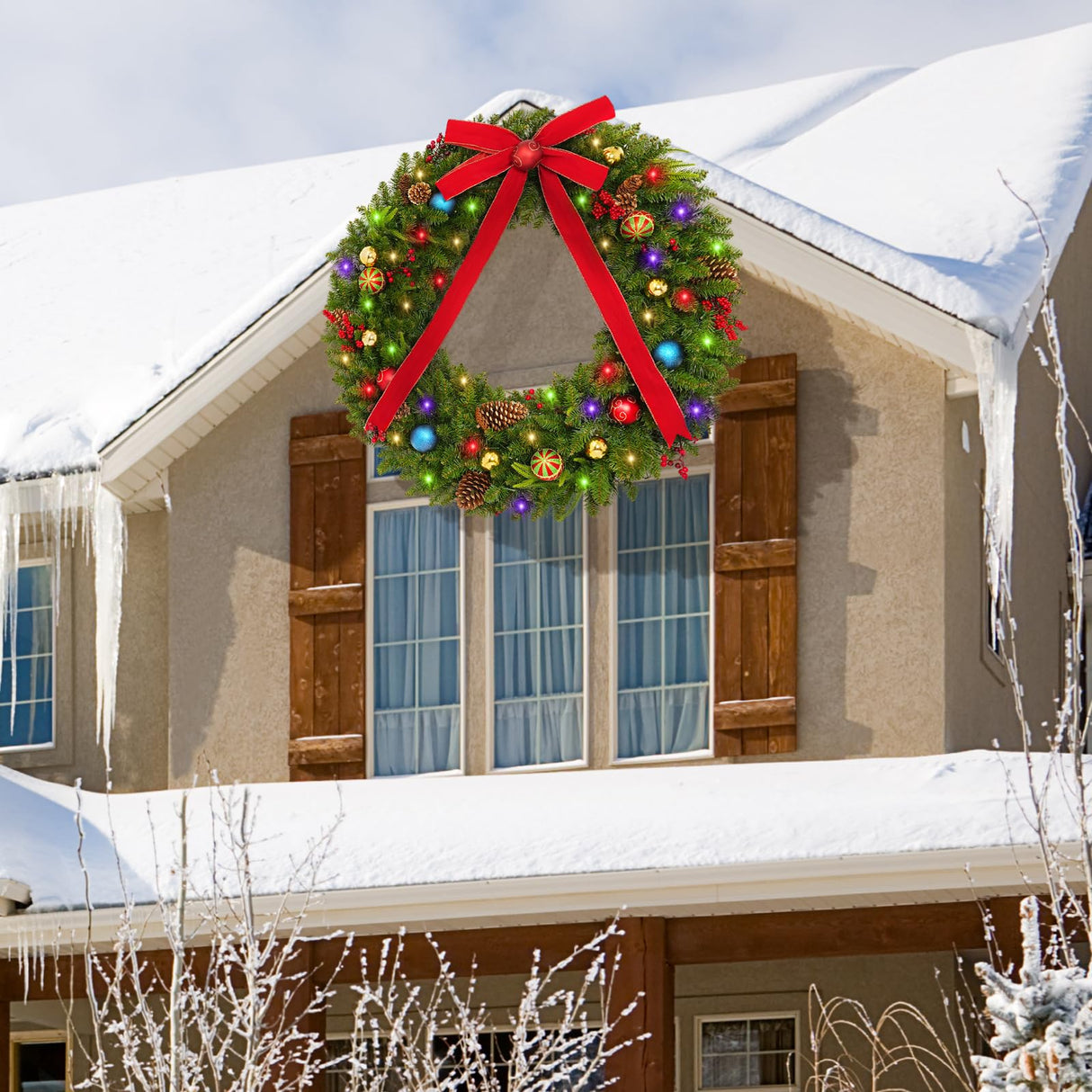 48 Inch Christmas Wreath, Pre Lit Christmas Wreath with 200 Lights, Red Bow, Ornament Balls, Remote Control, 11 Light Modes, Giant Christmas Wreaths Perfect for Garage Porch Roof Fireplace Outdoor colorspec