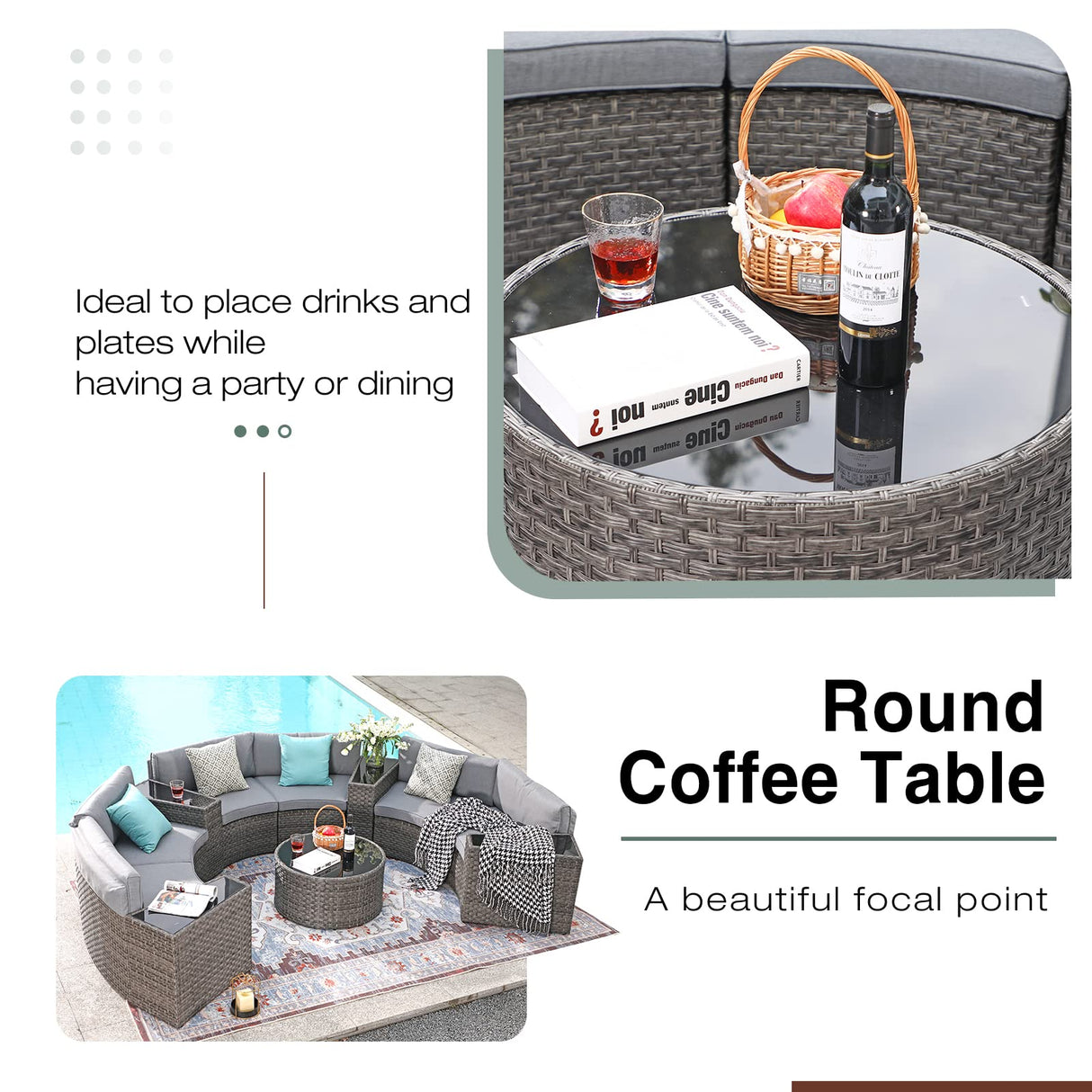 SUNSITT Outdoor Patio Furniture 11-Piece Half-Moon Sectional Round Set Curved Sofa with Tempered Glass Coffee Table, 4 Pillows, Grey Rattan SUNSITT