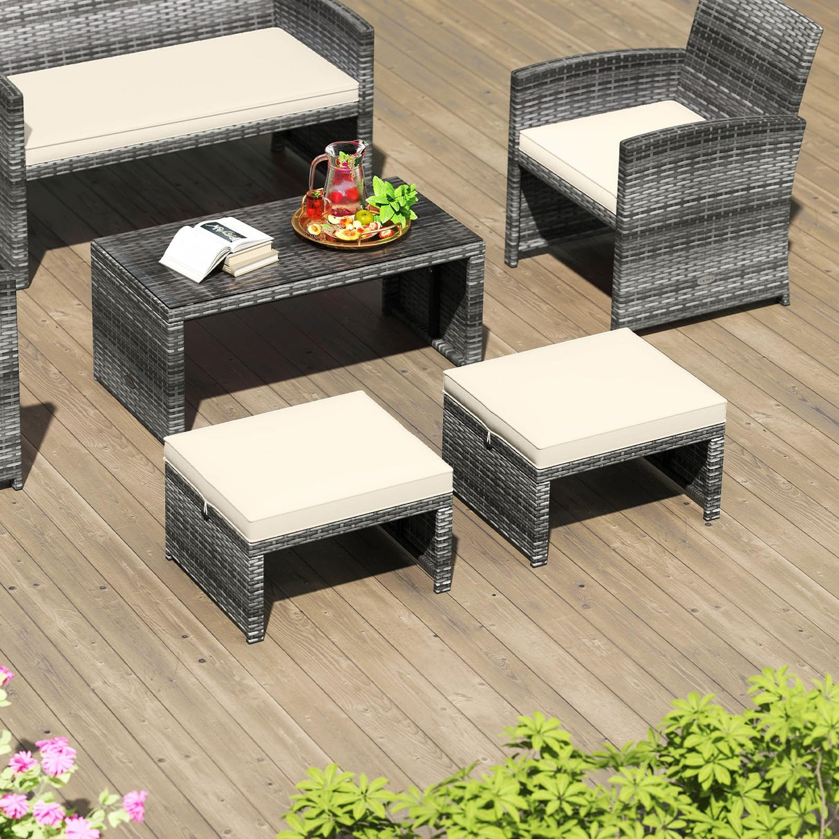 RELAX4LIFE Wicker Outdoor Ottoman Set of 2 - Rattan Footstools Foot Rest w/Removable Cushions, Multipurpose Side Table & Additional Seating, Outdoor Ottomans for Patio Garden Porch (Grey-Off White) RELAX4LIFE