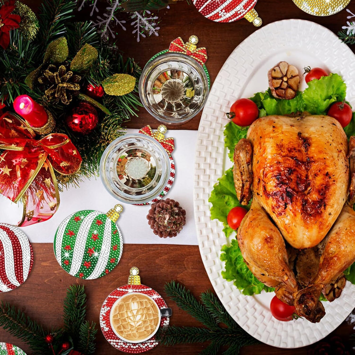 Hoxxu 10pcs Christmas Diamond Art Coasters Kit, 5D Christmas Diamond Painting Kits with Stand, Ideal for Cups, Wine Glasses, Perfect for Holiday Decor Table Setting Hoxxu