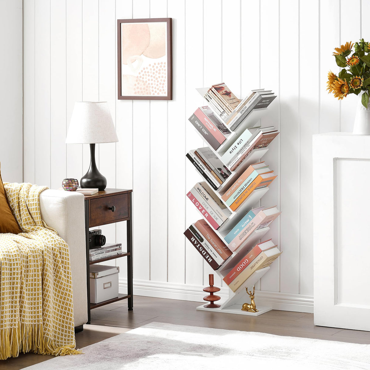 Hoctieon 10 Tier Tree Bookshelf, 10 Shelf Bookcase, Free Standing Tree Bookcase, Display Floor Standing Shelf for Books, Book Shelf Organizer, White Hoctieon