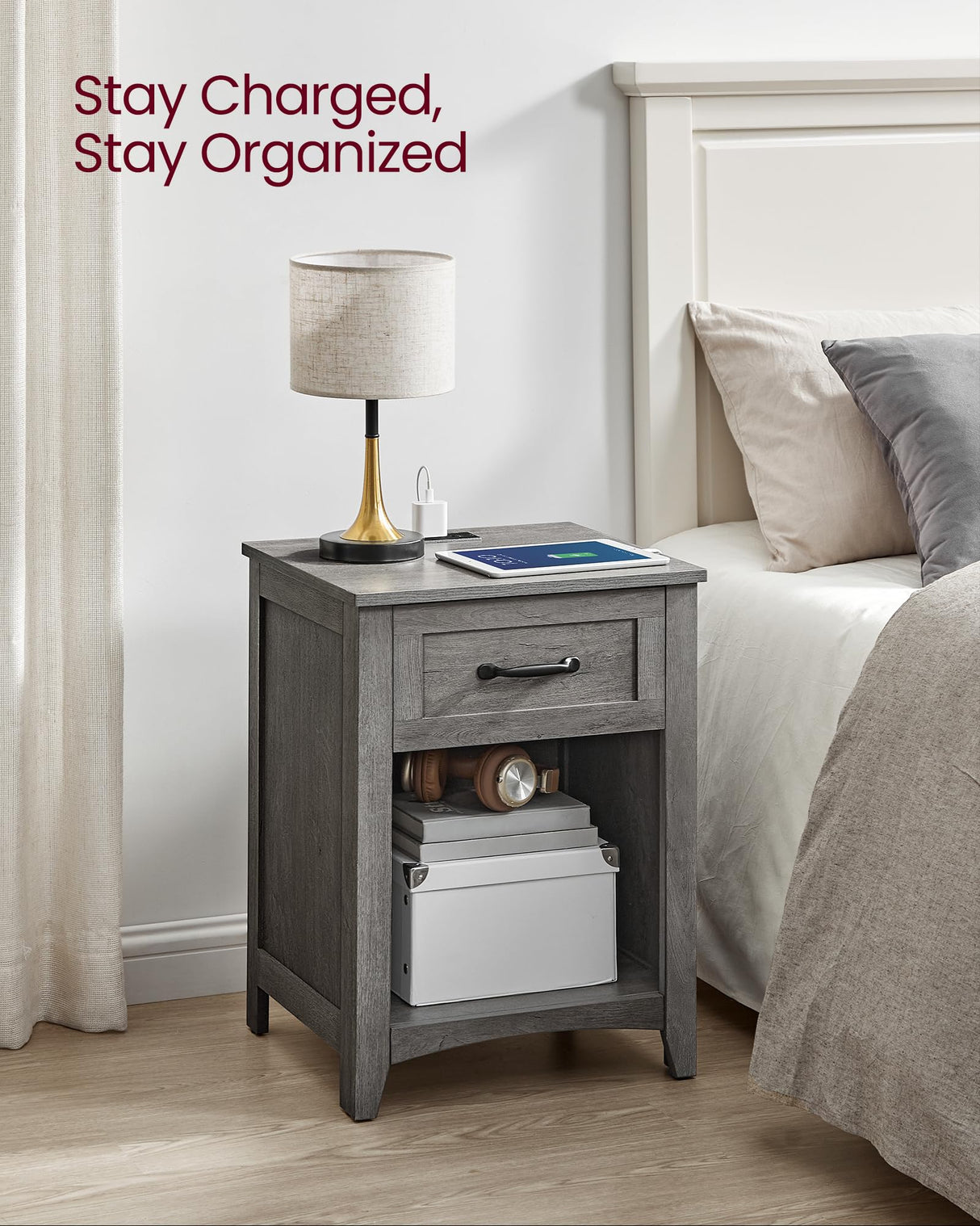 VASAGLE LIRY Collection - Farmhouse Nightstands with Charging Station, Set of 2 Bedside Tables, Side Tables with Drawer, Open Compartment, for Bedroom, Misty Gray ULET859G01 VASAGLE