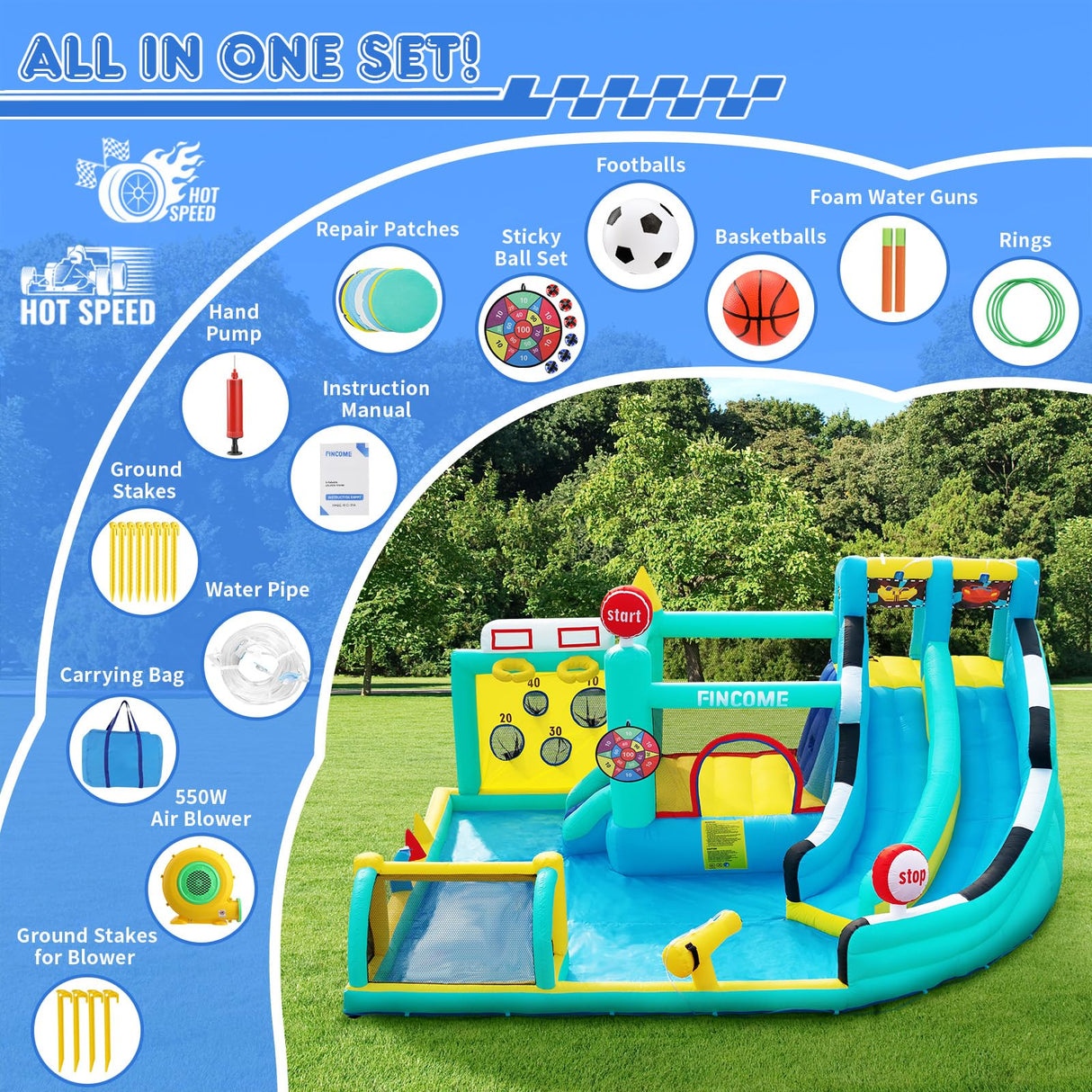FINCOME Bounce House Double Slides for Kids 3-12, Large Bounce Castle with Air Blower 550W, Pool, Jumping, Climbing, Balls, Ring Toss, Inflatable Water Park for Birthday Party Holiday Outdoor Indoor FINCOME