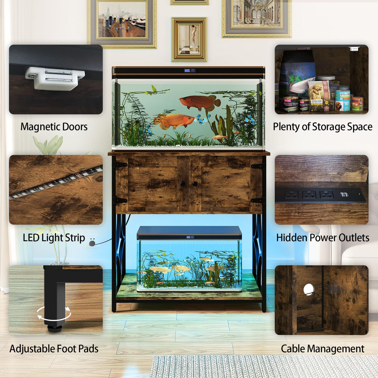 UVANIOHOM 20-29 Gallon Fish Tank Stand with Power Outlets & LED Light, Cabinet for Aquarium Stand Accessories Storage, Metal Fish Tank for Turtle Tank, 30.7" L*15.7" W Tabletop, 330LBS Capacity, Brown UVANIOHOM