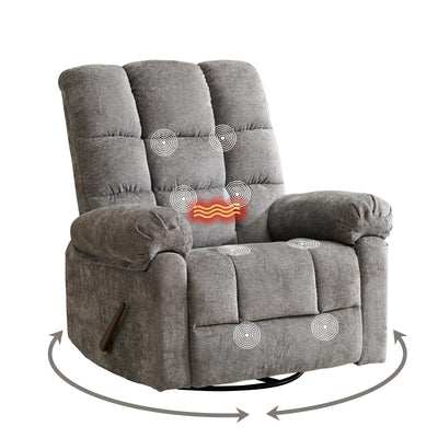 Rhevoy Swivel Rocker Recliner Chair with Heat and Massage, 26" Wide Oversized Rocker Recliner with Overstuffed Backrest,Swivel Glider Recliner for Living Room,Grey