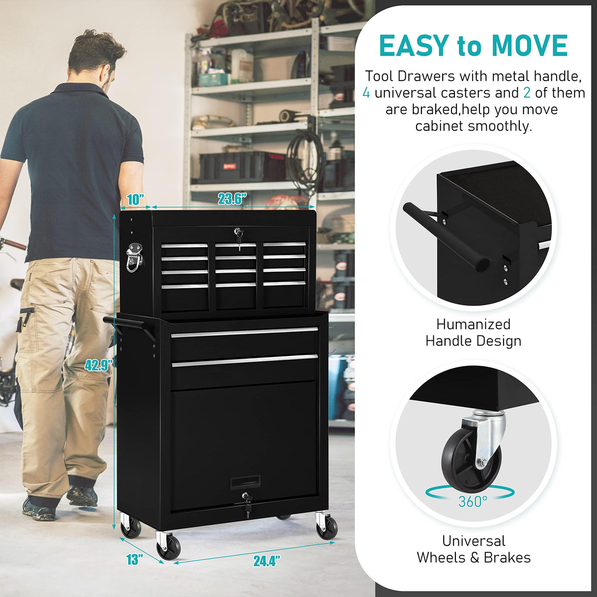 Greenvelly Metal Tool Chest,8-Drawer Rolling Tool Chest with Wheels,Tool Cabinet with Wheels,2 in 1 Detachable Tool Cabinet,Liners and Locking System for Warehouse, Garage,Workshop,(BLACK) Greenvelly