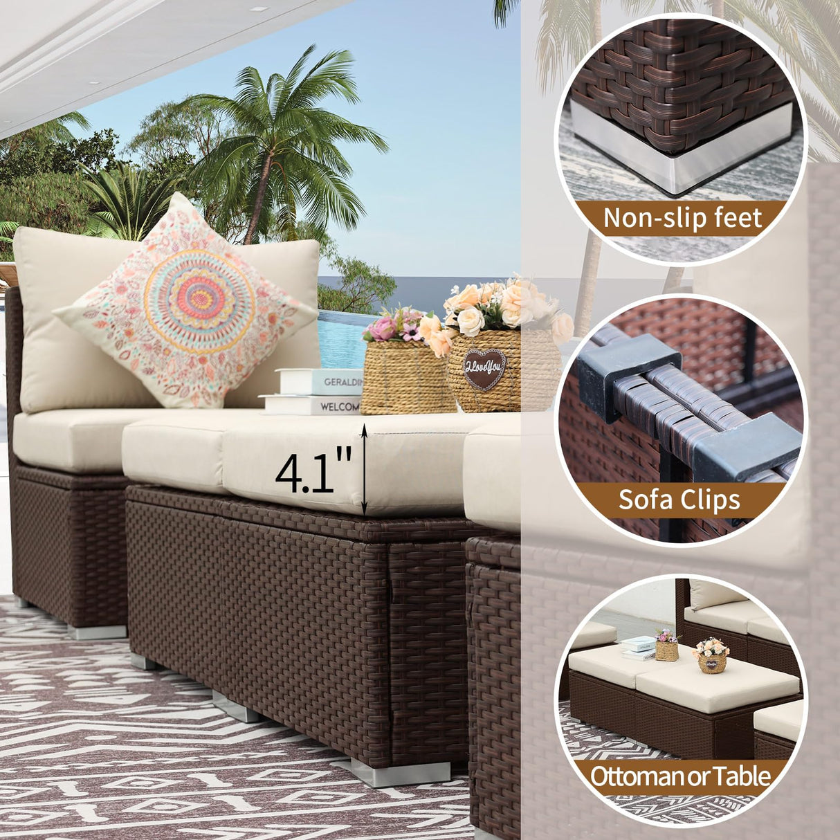 NICESOUL® 8 Pieces Plus Size High Back Brown Wicker Outdoor Furniture PE Rattan Patio Sectional Sofa Sets Sectionals Outdoor Backyard Conversation Sets Beige Cushions NICESOUL