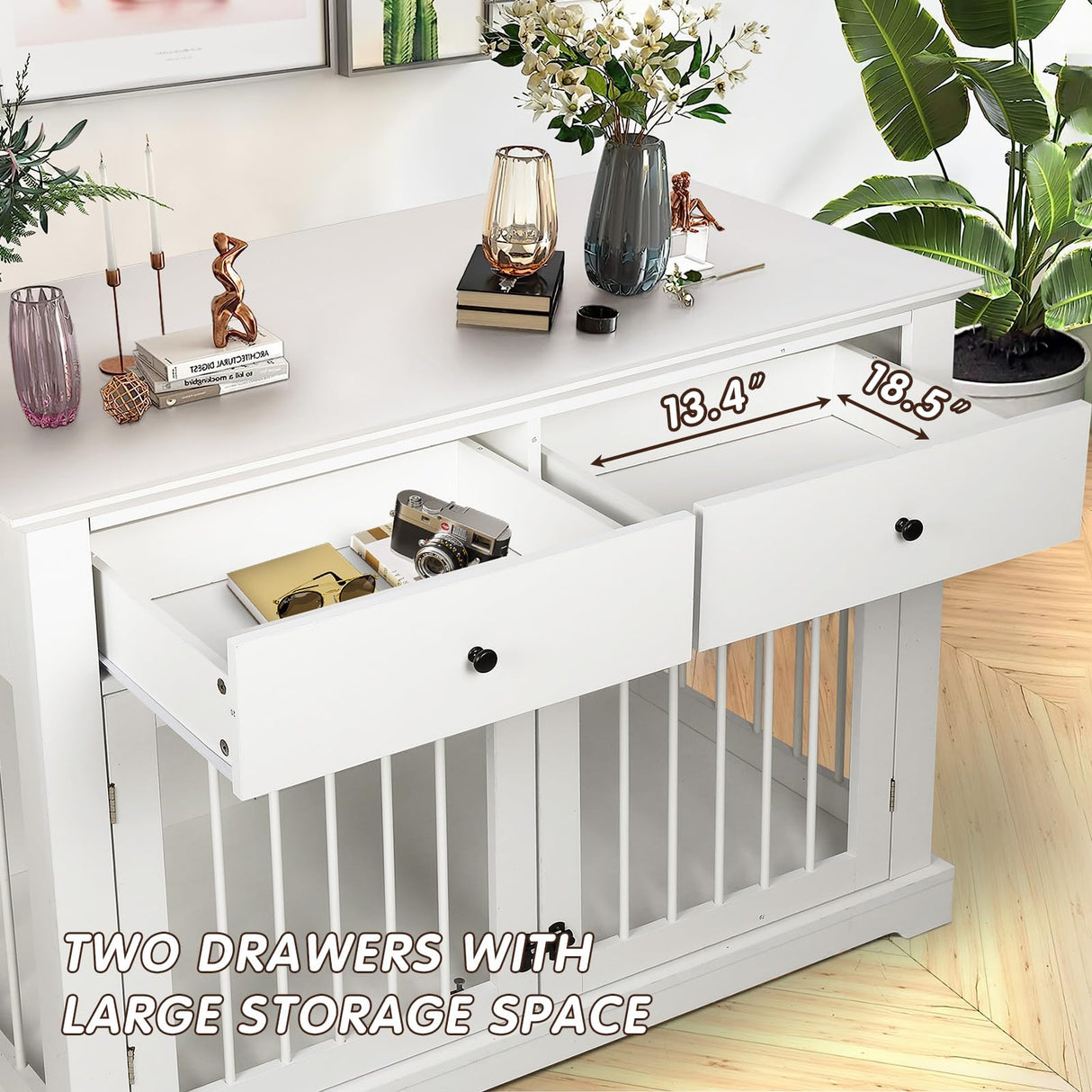 PUKAMI Dog Crate Furniture with Drawers,44inch Wooden Dog Kennel Furniture for Large Breed,End Table Wood Dog House for Indoor use,Dog Crate for Small/Medium/Large Dog(White) PUKAMI