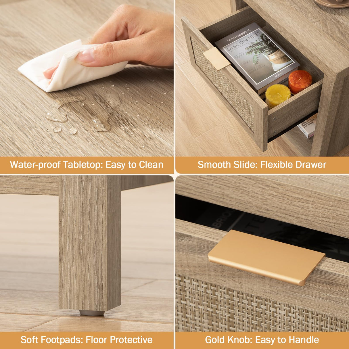 SICOTAS Rattan Nightstands Set of 2, Farmhouse Night Stands with Drawer Bedside Table - Boho End Table Side Table Accent Table for Bedroom Living Room, Light Oak Wood SICOTAS