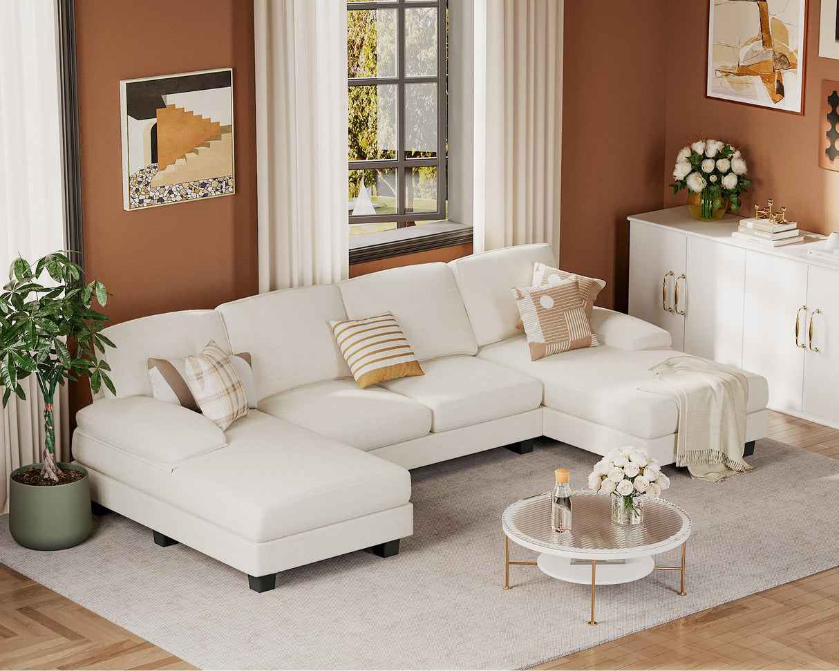 JUMMICO Sectional Couches for Living Room, U Shaped Couch with Chenille Fabric, 4 Seat Modern Sofa with Removable Pillows for Apartment and Small Space (Fabric, White) JUMMICO